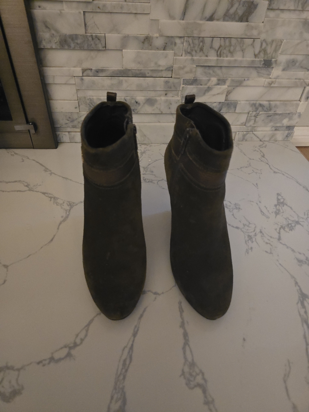 Tory Burch Olive Suede Wedge Booties with Gold Logo - Picture 3 of 6